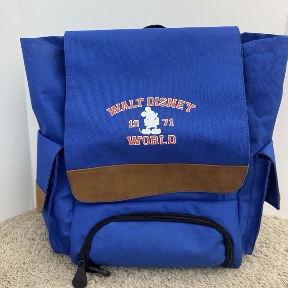 Disney Handbags - Walt Disney World Backpack WDW 1971 Blue Brown Trim Classic Mickey Mouse Pockets